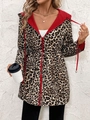 Chaqueta reversible de leopardo para mujer con forro rojo, capucha y cintura ajustable - S / Rojo