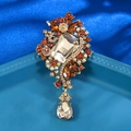 Luxurious vintage crystal brooch with amber rhinestones and a water drop pendant - XD7665-2-Antique Gold Amber Orange