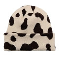 Knitted beanie hat featuring beige base and black cow print pattern for winter - M (56-58cm) / Beige Cow Print