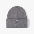 Winter grey ribbed beanie hat featuring a 3D embroidered smiley face and folded cuff - One Size / Dark Gray