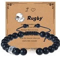 Pulsera de rugby ajustable con cuentas negras mate, cruz plateada y tarjeta de regalo - Pulsera de Rugby