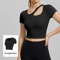 Damen Yoga Crop Top in Sternschwarz mit hohlem asymmetrischem Ausschnitt Design - S / Sternenschwarz