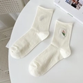 Creamy white crew socks with delicate pink tulip embroidery in minimalist cotton style - One Size / Cream