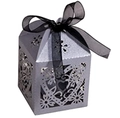 Detail of laser-cut heart pattern silver wedding favor box with black satin ribbon bow - Silver Charcoal