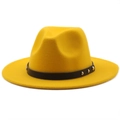 Detail of lemon yellow fedora hat featuring a leather belt with silver metal rivets - M (56-58cm) / Yellow