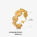 Adjustable geometric stainless steel open ring with round sunburst relief in gold finish - Adjustable Open Size (1.7cm) / Gold