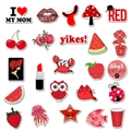 Detail shot of cute red-themed waterproof stickers featuring cherry and cat graffiti designs - 50 Sheets/Set / AZ034 Red Series