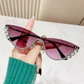 Modern cat-eye sunglasses with purple lenses and shimmering rhinestones on frame - White Rhinestone Grey Pink Lens