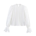 Elegante camicetta bianca con maniche in pizzo e pieghe frontali con un sobrio girocollo - XS / Bianco
