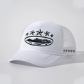 White foam trucker hat with black five-star embroidery and breathable mesh panels - White
