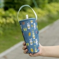 Portable navy blue insulated milk tea cup sleeve with cute cartoon rabbit pattern - Grey Green Rabbit