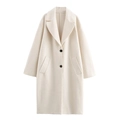 Women's long cream-white wool coat featuring a notched lapel and double black buttons - XS / Milky White