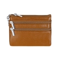 Brown genuine leather coin purse with three-layer zipper and pebble grain texture - Camel