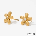 Pendientes de botón dorados en forma de flor con cinco pétalos y cristales brillantes - Pendientes de Botón Dorados (KD3108)