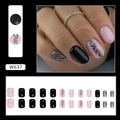 Short round leopard print press-on nails with pink glitter and black zebra pattern design - W637 Black Leopard Design (W637)
