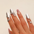 Detail shot of silver nail rings with rhinestones on a woman's fingers over neutral background - Nail Ring / Three-Piece Set / Silver
