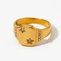 Gold plated stainless steel signet ring with hollow star design and clear zircons - Star Inlaid Gold (KBJ385)