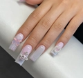Pink gradient long square press-on nails with 3D resin bow and pearl heart charms - K005【24pcs】 / Boxed (jelly Gel + Granules)