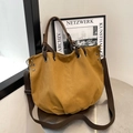Bolso tote grande de lona amarillo mostaza retro con asas marrones y correa ajustable - Caqui