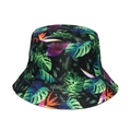 Detail of black bucket hat featuring tropical Monstera leaves and Bird of Paradise floral prints - Black Base Monstera and Bird of Paradise Print (9)