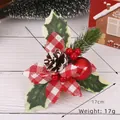 Christmas decoration branch with red berries, pine cones and plaid leaves, 23cm height - Style 3