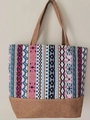 Ethnic geometric pattern tote bag with brown linen base and large capacity handles - Pattern 4