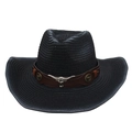 Classic black straw cowboy hat with brown leather band and silver bull head ornament - One Size(56-58cm) / Black with Windproof Rope (Brown Bull Head)