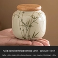Mini ceramic tea canister with hand-painted green bamboo pattern and bamboo lid - Hand Painted Straw Ash - Green Bamboo