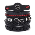 Detail of multi-layer leather bracelet set with metallic dollar and infinity symbols - Dollar Sign Infinity Set