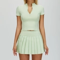 Mint green yoga set featuring a zip-up short sleeve top and pleated skirt for sports - S / Top And Bottom / Mint Green