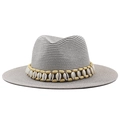 Grey woven straw Panama hat with wood beads and shell band on white background - M (56-58cm) / Gray