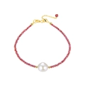 925 silver bracelet with red faceted gemstones and a central white round pearl - 14K Gold Plated Red Faceted Gemstone Pearl Bracelet 2.3g