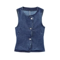 Gilet di jeans blu scuro da donna con tre bottoni metallici su sfondo bianco puro - XS / Gilet di jeans