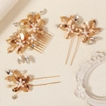 Golden bridal hair comb and clip set with pearls and rhinestones on beige fabric - 2# Gold Hair Comb and Hairpin Set
