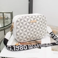 White geometric pattern crossbody camera bag with trendy black and white wide strap - White