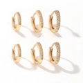 Three pairs of golden round hoop earrings with micro-pave cubic zirconia stones set - 6Pcs Set (3 Pairs) / Gold
