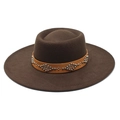 Detail of dark brown wool felt fedora with studded leather band and wide flat brim - Adult 57-59cm / Brown