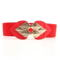 Women's red elastic waist belt featuring golden leaf-shaped buckle on white background - Red