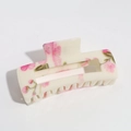 Close-up of cream hair claw clip with pink ink-wash floral patterns and green leaves - Beige Large Floral