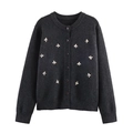 Dark grey knit cardigan with round neck and white bow embroidery for women - XS / Dark Gray