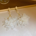 Elegant white mesh floral drop earrings with gold metallic stud and crystal accents - Exaggerated White Mesh Flower Drop (44#)