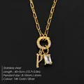 Gold plated stainless steel chain necklace with letter P and clear crystal charms - Letter P