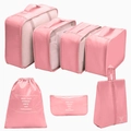Pink 7-piece travel organizer set with mesh bags, drawstring pouch, and shoe bag - 7-Piece Set / Pink