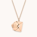 Detail of rose gold envelope pendant with Love You engraving on a minimalist chain - Rose gold color with Love you card