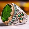 Macro shot of luxury vintage men's ring with emerald green stone and gold-silver metal detail - US 7 / Green (TJZ22021)
