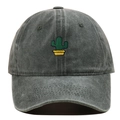 Close-up of green cactus embroidery on dark grey washed cotton baseball cap - Army Green