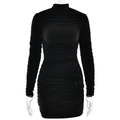 Robe courte noire moulante à manches longues avec col montant et détails froncés - S / Noir
