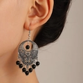 Bohemian retro silver alloy drop earrings with hollow engraving and black bead tassels - Antique Silver 7878