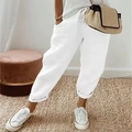 Women's white linen casual drawstring pants featuring a relaxed fit and elastic cuffs - S / Bottoms / White