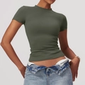 T-shirt yoga a maniche corte verde oliva, vestibilità slim, alta elasticità e finitura lucida - S / Verde foresta